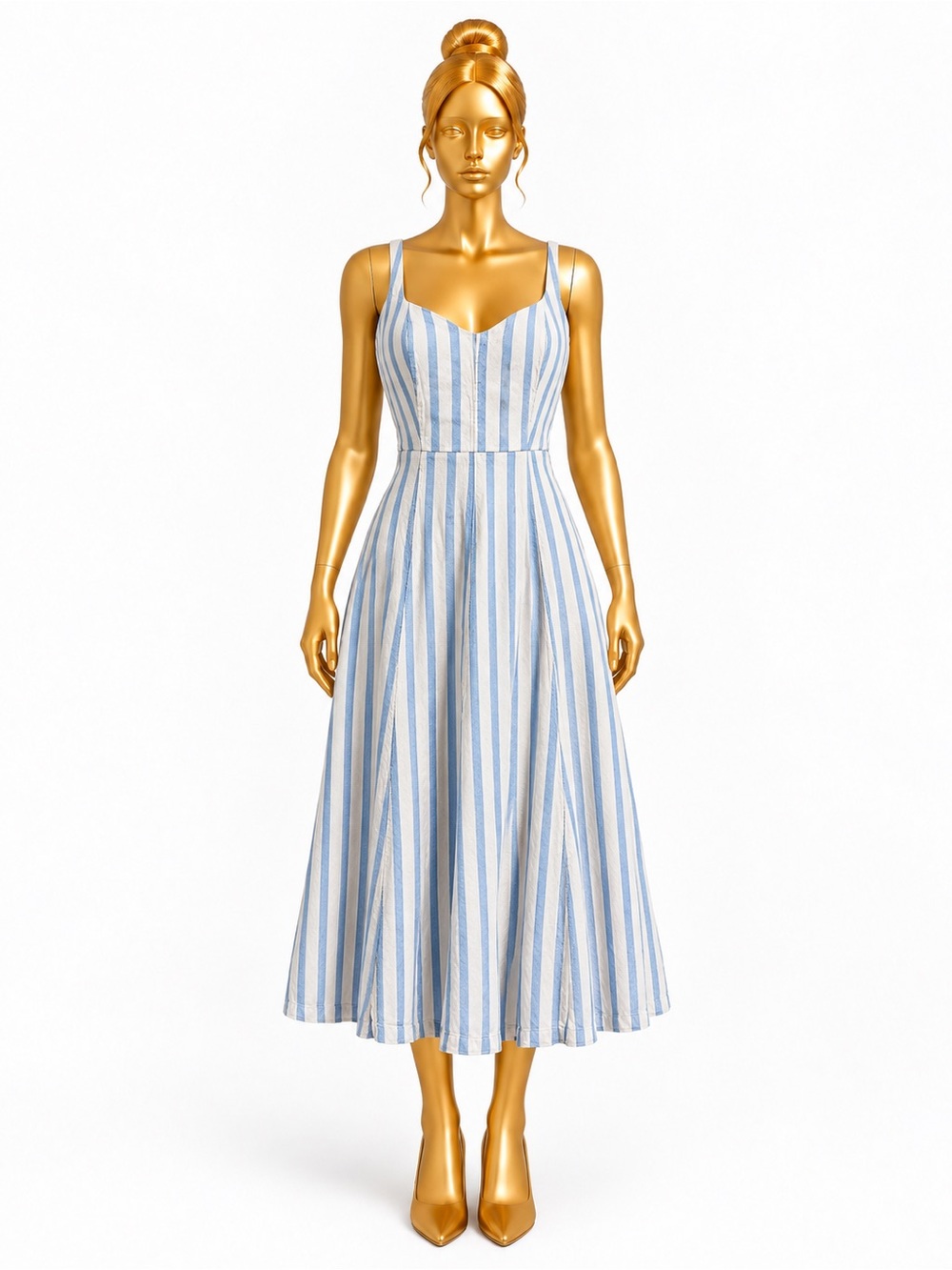 Old Navy Medium Blue White Stripe Linen Blend Fit & Flare Midi Dress Pockets
